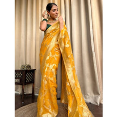 Mayawye Women's Silk Printed Saree With Unstitched Blouse 5.5Mtr (Gold Yellow)