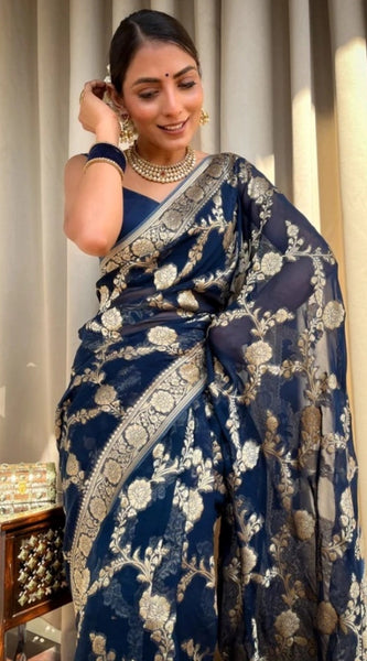 Mayawye Women's Silk Printed Saree With Unstitched Blouse 5.5Mtr (Dark Blue)