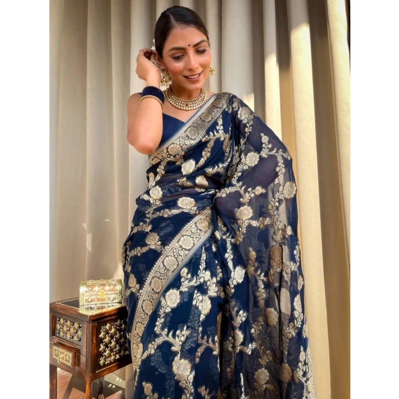 Mayawye Women's Silk Printed Saree With Unstitched Blouse 5.5Mtr (Dark Blue)