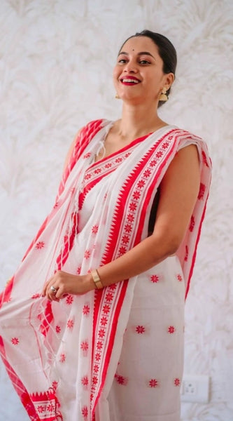 Mayawye Women's Cotton  Printed Saree With Unstitched Blouse 5.5Mtr (White-Pink)