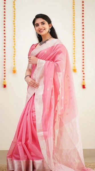 Mayawye Women's Cotton  Printed Saree With Unstitched Blouse 5.5Mtr (Pink)
