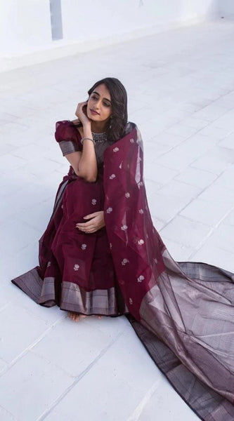 Mayawye Women's Cotton  Printed Saree With Unstitched Blouse 5.5Mtr (Maroon)