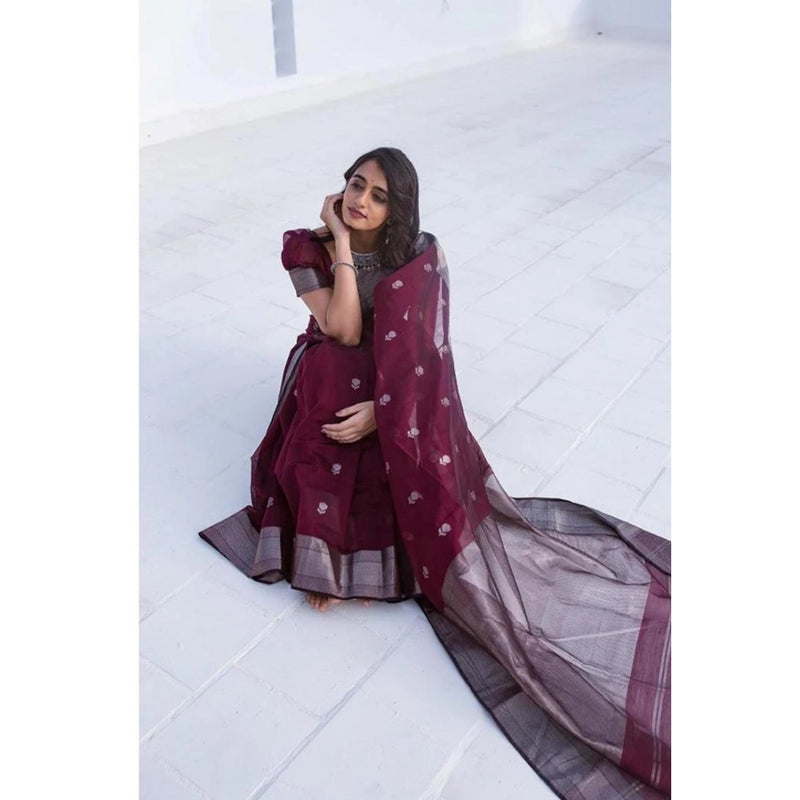 Mayawye Women's Cotton  Printed Saree With Unstitched Blouse 5.5Mtr (Maroon)
