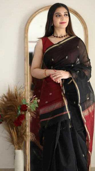 Mayawye Women's Cotton  Printed Saree With Unstitched Blouse 5.5Mtr (Black)