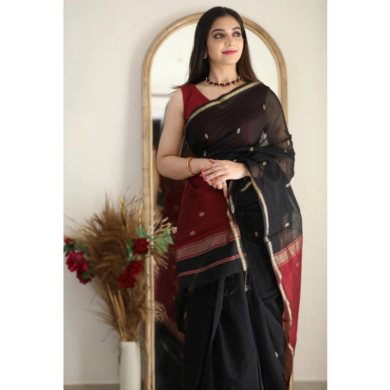 Mayawye Women's Cotton  Printed Saree With Unstitched Blouse 5.5Mtr (Black)