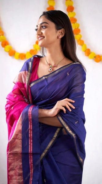 Mayawye Women's Cotton  Printed Saree With Unstitched Blouse 5.5Mtr (Blue)