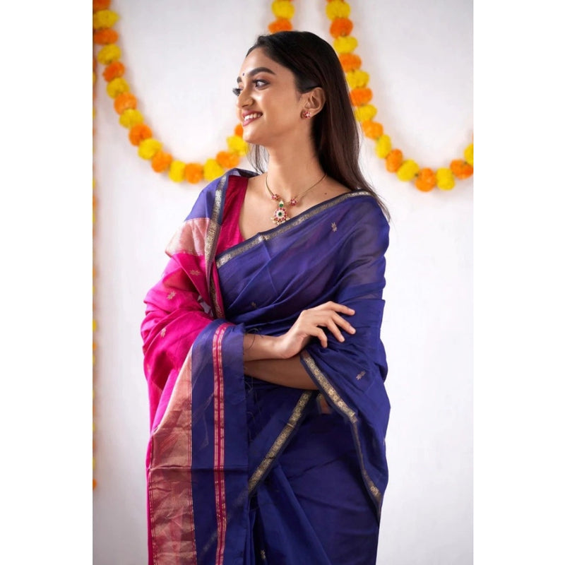 Mayawye Women's Cotton  Printed Saree With Unstitched Blouse 5.5Mtr (Blue)