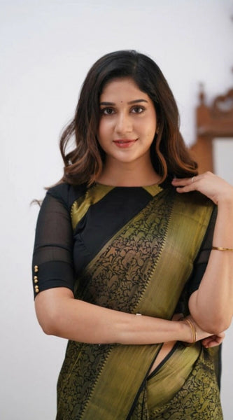 Mayawye Women's Silk Printed Saree With Unstitched Blouse 5.5Mtr (Black)