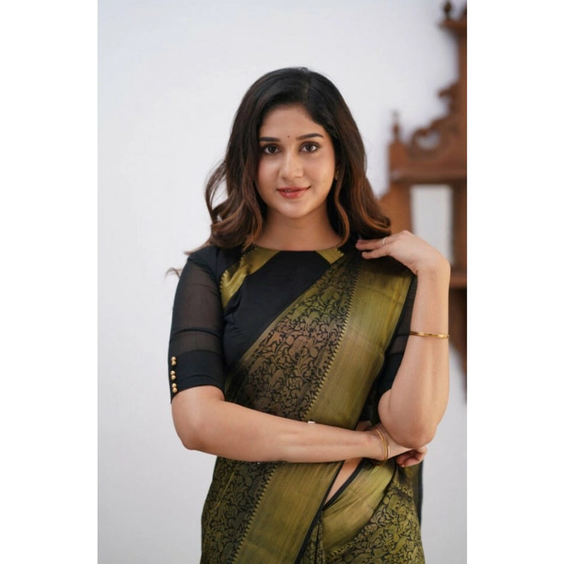 Mayawye Women's Silk Printed Saree With Unstitched Blouse 5.5Mtr (Black)