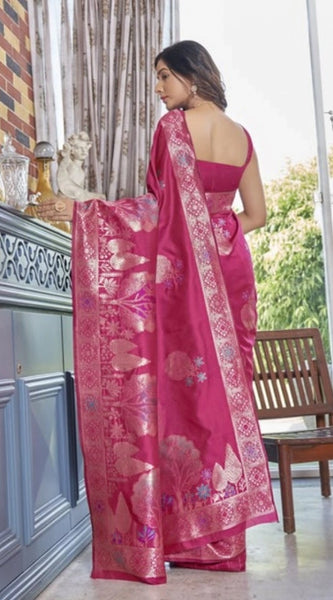 Mayawye Women's Silk Printed Saree With Unstitched Blouse 5.5Mtr (Rani Pink)