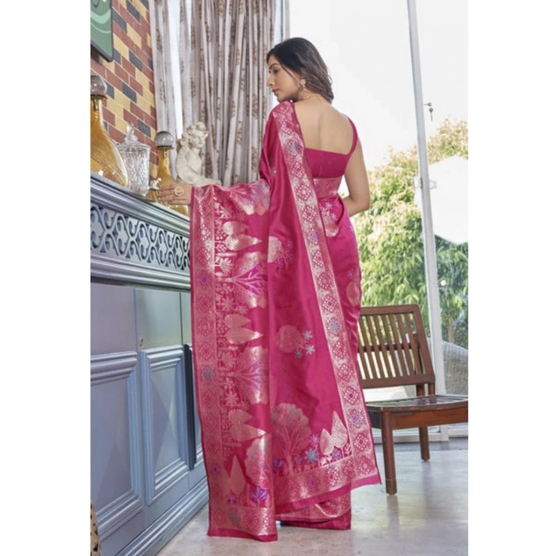 Mayawye Women's Silk Printed Saree With Unstitched Blouse 5.5Mtr (Rani Pink)