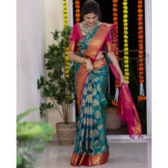 Mayawye Women's Silk Printed Saree With Unstitched Blouse 5.5Mtr (Teal Blue)