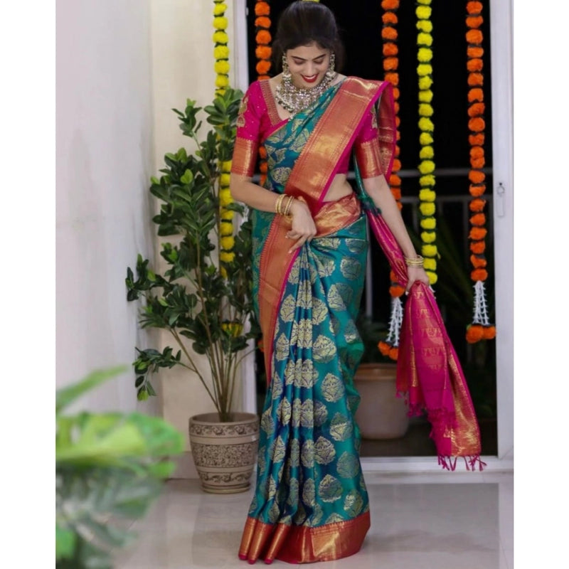 Mayawye Women's Silk Printed Saree With Unstitched Blouse 5.5Mtr (Teal Blue)