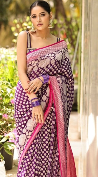 Mayawye Women's Silk Printed Saree With Unstitched Blouse 5.5Mtr (Purple)