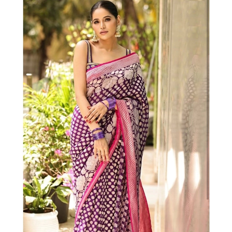 Mayawye Women's Silk Printed Saree With Unstitched Blouse 5.5Mtr (Purple)