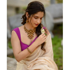 Mayawye Women's Silk Printed Saree With Unstitched Blouse 5.5Mtr (Off White-Pink)