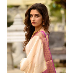 Mayawye Women's Silk Printed Saree With Unstitched Blouse 5.5Mtr (Off White-Pink)