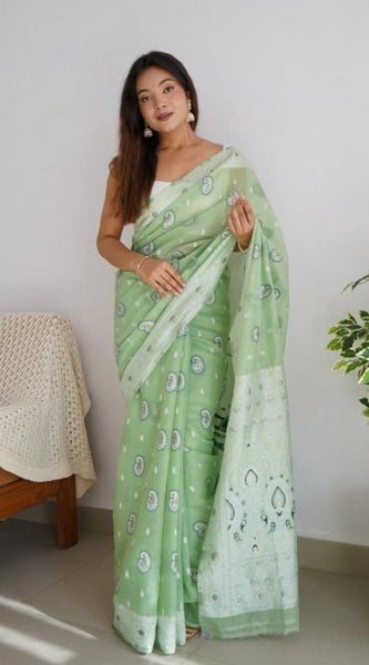 Mayawye Women's Cotton  Printed Saree With Unstitched Blouse 5.5Mtr (Pista)