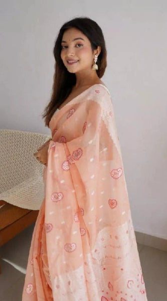 Mayawye Women's Cotton  Printed Saree With Unstitched Blouse 5.5Mtr (Peach)
