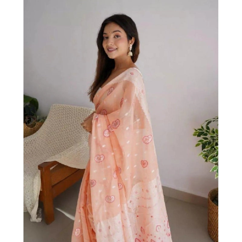 Mayawye Women's Cotton  Printed Saree With Unstitched Blouse 5.5Mtr (Peach)