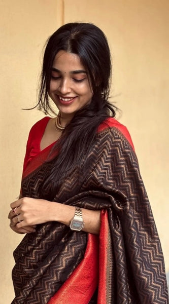 Mayawye Women's Silk Printed Saree With Unstitched Blouse 5.5Mtr (Brown)