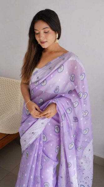 Mayawye Women's Cotton  Printed Saree With Unstitched Blouse 5.5Mtr (Lavender)