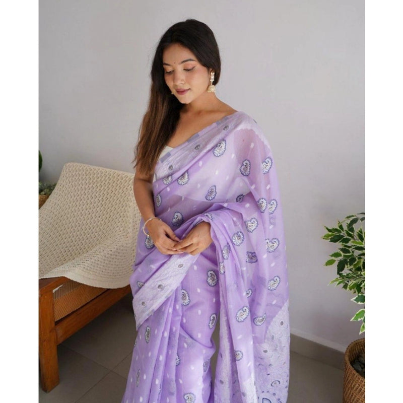 Mayawye Women's Cotton  Printed Saree With Unstitched Blouse 5.5Mtr (Lavender)