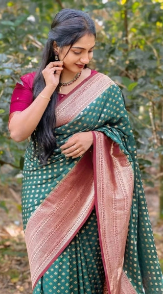 Mayawye Women's Silk Printed Saree With Unstitched Blouse 5.5Mtr (Green-Red)