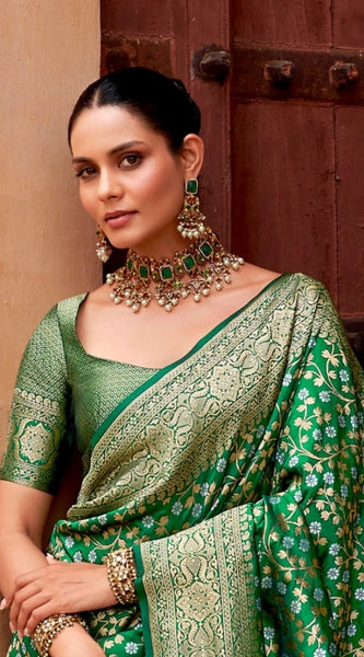 Mayawye Women's Silk Printed Saree With Unstitched Blouse 5.5Mtr (Green)