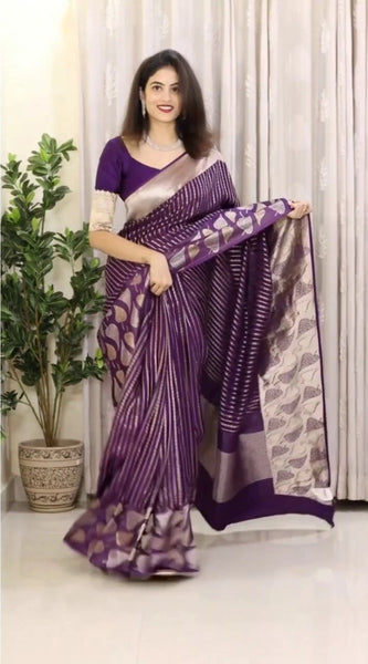 Mayawye Women's Silk Printed Saree With Unstitched Blouse 5.5Mtr (Purple)