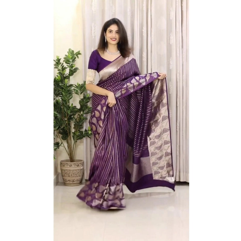 Mayawye Women's Silk Printed Saree With Unstitched Blouse 5.5Mtr (Purple)