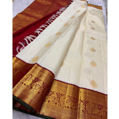 Mayawye Women's Silk Printed Saree With Unstitched Blouse 5.5Mtr (Off White-Red)