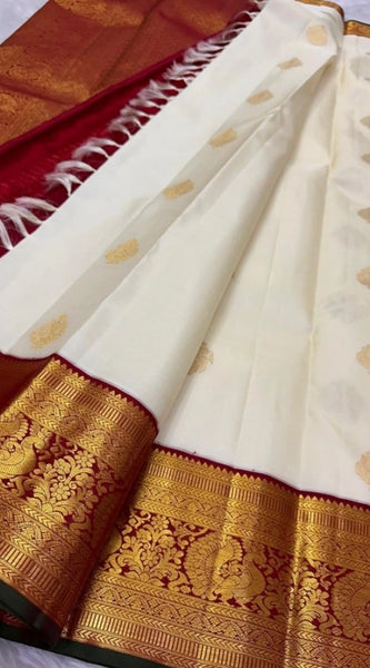 Mayawye Women's Silk Printed Saree With Unstitched Blouse 5.5Mtr (Off White-Red)