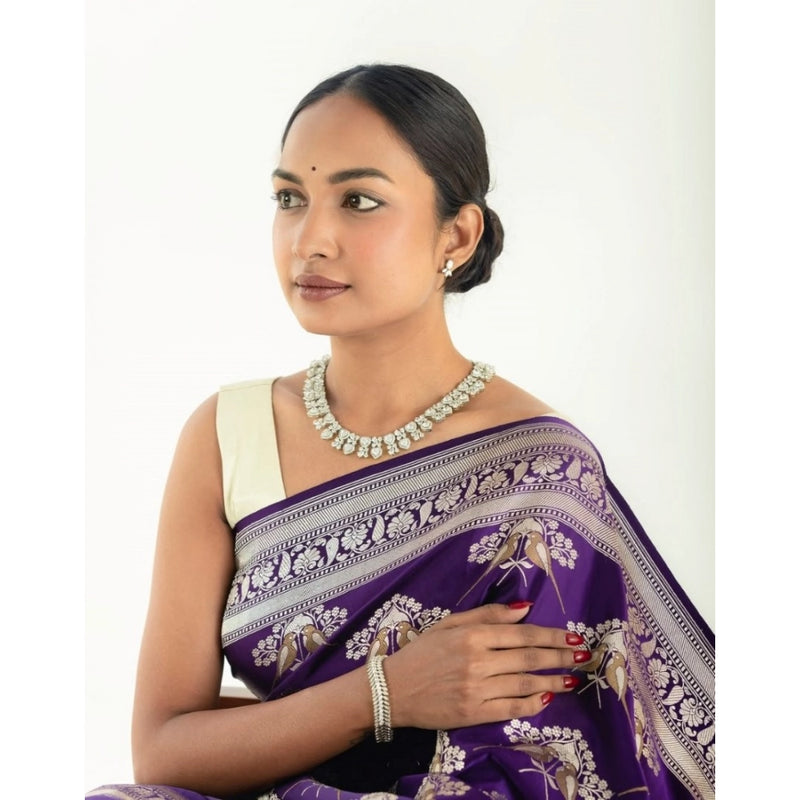Mayawye Women's Silk Printed Saree With Unstitched Blouse 5.5Mtr (Purple)