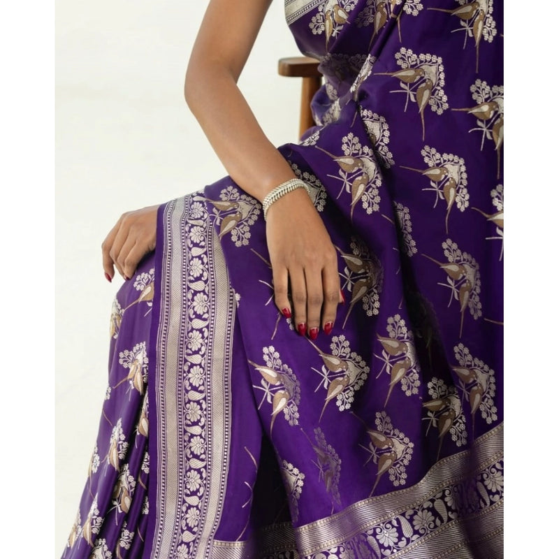 Mayawye Women's Silk Printed Saree With Unstitched Blouse 5.5Mtr (Purple)