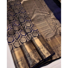 Mayawye Women's Silk Printed Saree With Unstitched Blouse 5.5Mtr (Navy Blue)