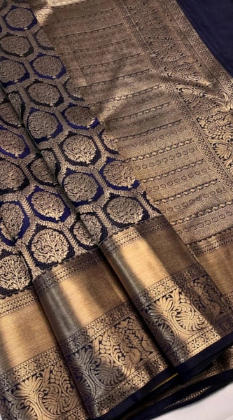 Mayawye Women's Silk Printed Saree With Unstitched Blouse 5.5Mtr (Navy Blue)