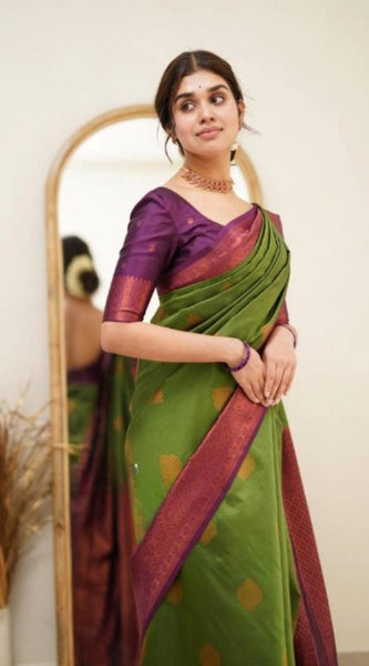 Mayawye Women's Silk Printed Saree With Unstitched Blouse 5.5Mtr (Green)