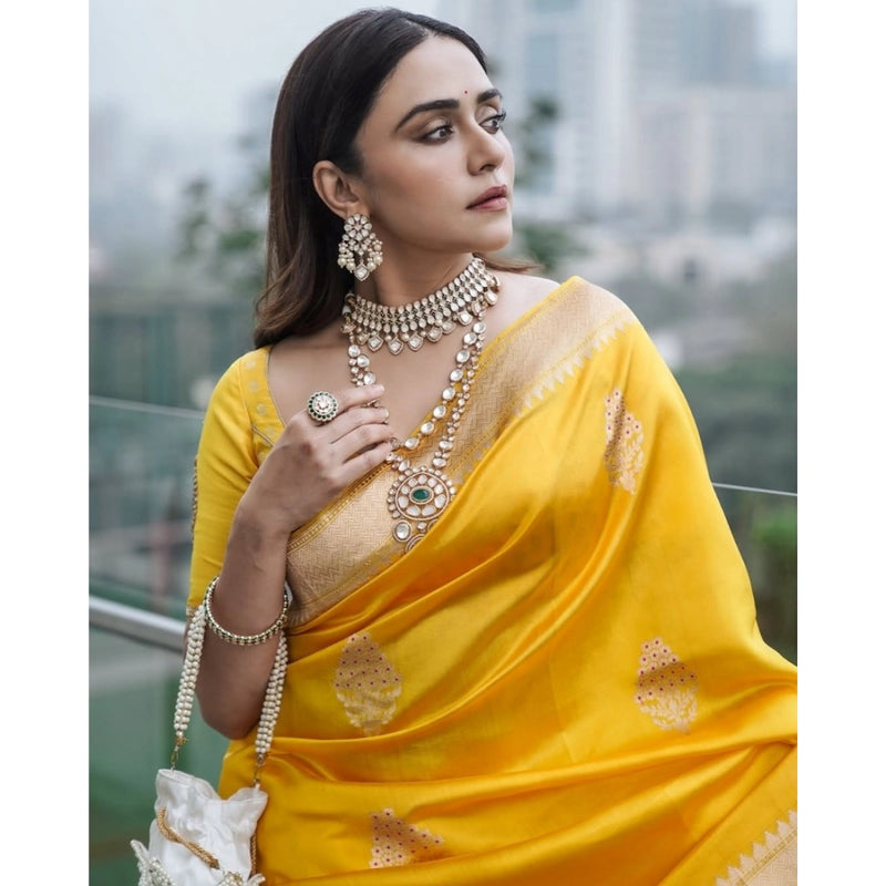 Mayawye Women's Silk Printed Saree With Unstitched Blouse 5.5Mtr (Yellow)