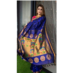 Mayawye Women's Silk Printed Saree With Unstitched Blouse 5.5Mtr (Blue)