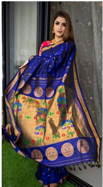 Mayawye Women's Silk Printed Saree With Unstitched Blouse 5.5Mtr (Blue)