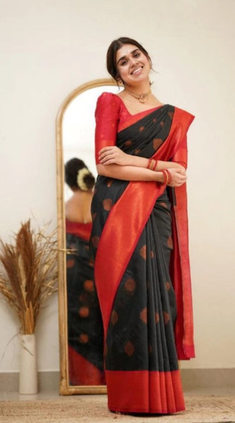 Mayawye Women's Silk Printed Saree With Unstitched Blouse 5.5Mtr (Black)
