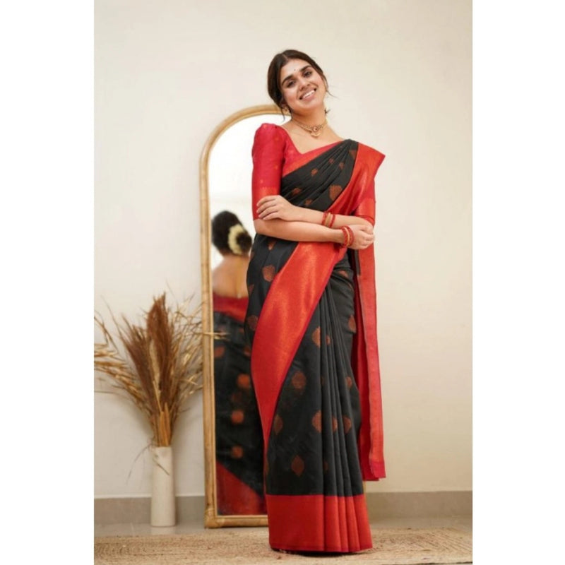 Mayawye Women's Silk Printed Saree With Unstitched Blouse 5.5Mtr (Black)