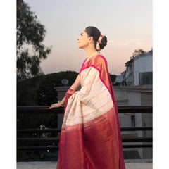Mayawye Women's Silk Printed Saree With Unstitched Blouse 5.5Mtr (White-Pink)