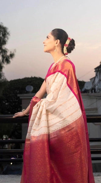 Mayawye Women's Silk Printed Saree With Unstitched Blouse 5.5Mtr (White-Pink)