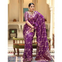 Mayawye Women's Silk Printed Saree With Unstitched Blouse 5.5Mtr (Purple)