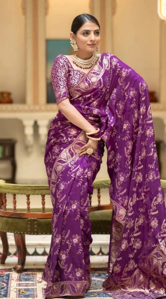 Mayawye Women's Silk Printed Saree With Unstitched Blouse 5.5Mtr (Purple)