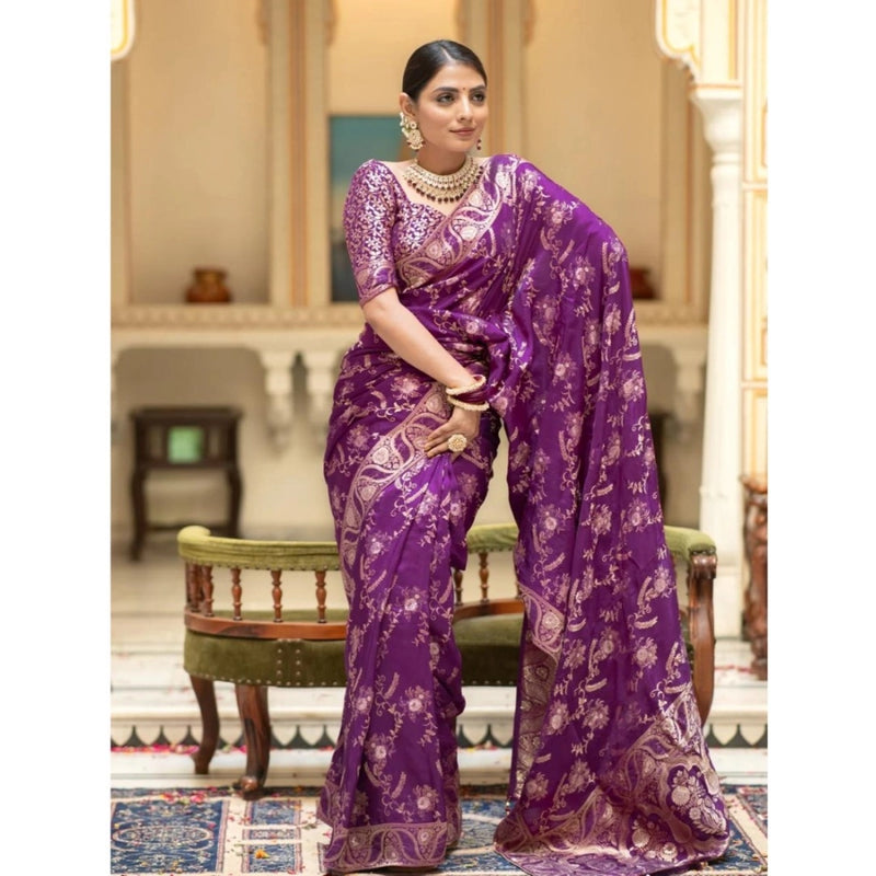 Mayawye Women's Silk Printed Saree With Unstitched Blouse 5.5Mtr (Purple)