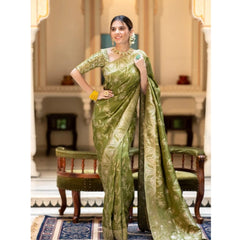 Mayawye Women's Silk Printed Saree With Unstitched Blouse 5.5Mtr (Olive Green)