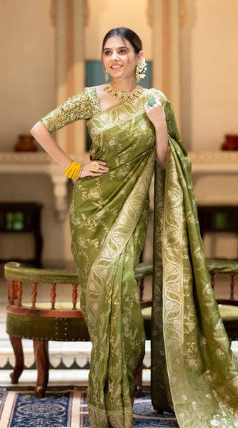 Mayawye Women's Silk Printed Saree With Unstitched Blouse 5.5Mtr (Olive Green)